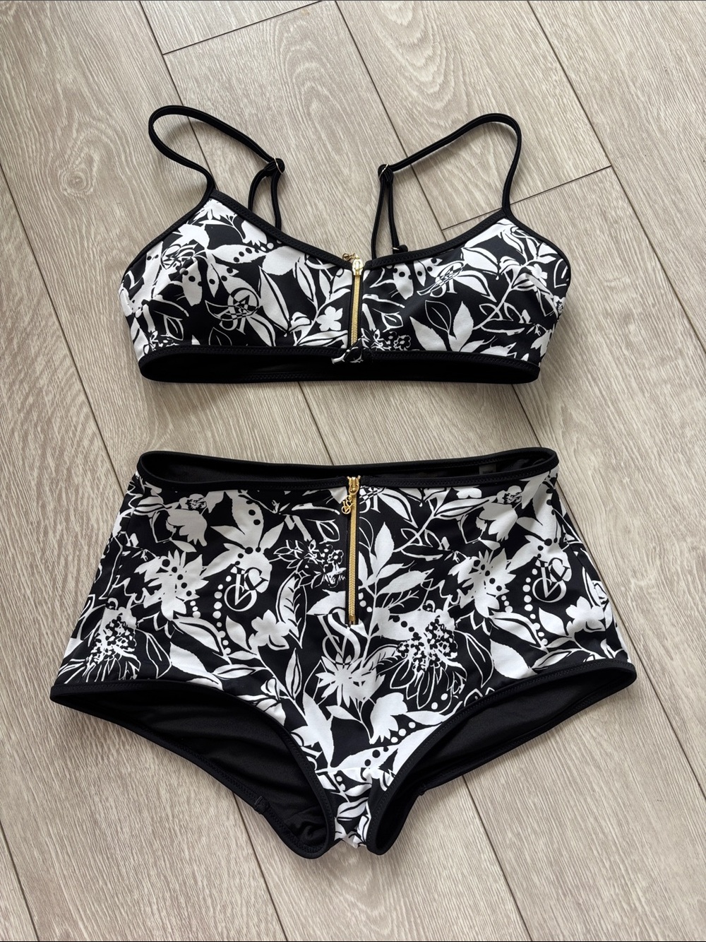 Victoria's Secret Black & White Floral Zip-Front Bikini Set